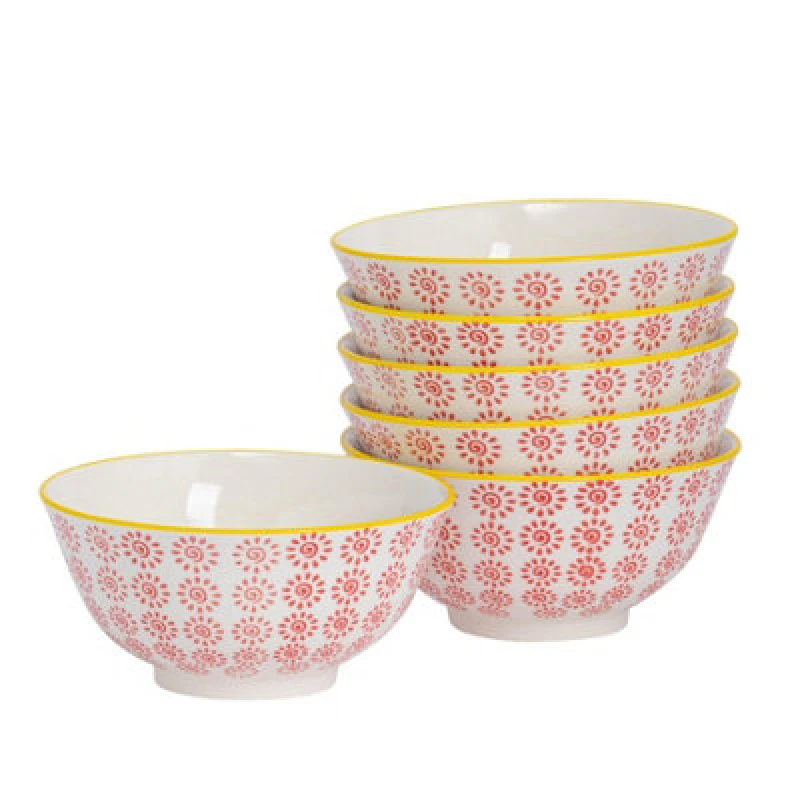 Image of Nicola Spring Hand-Printed Cereal Bowls - 16Cm - Red - Pack Of 6