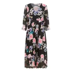 Image of Yumi Black Floral Pleated Wrap Midi Dress - Black