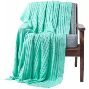 Image of Cotton Cable Knit Pastel Green Throw, 130 x 170cm - Green - Homescapes