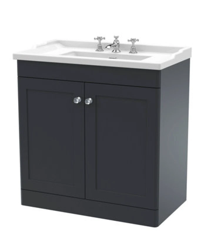 Image of Nuie Classique Floor Standing 2 Door Unit & 3 Tap Hole Fireclay Basin, Sink Vanity Unit In Soft Black With White Basin