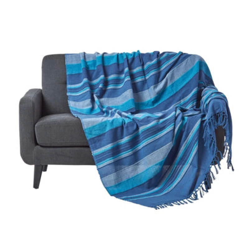 Image of Homescapes Cotton Morocco Striped Blue Throw, 150 X 200 Cm