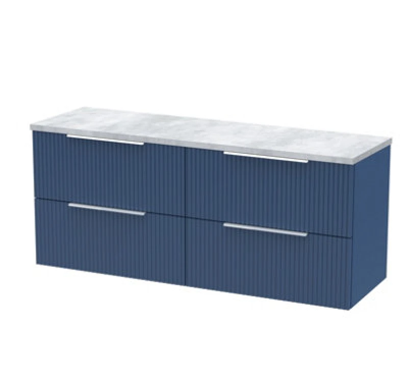 Image of Nuie Hudson Reed Fluted Wall Hung 4-Drawer Vanity Unit & Bellato Grey Laminate Worktop, Counter Top Vanity Unit In Satin Blue, 1200mm