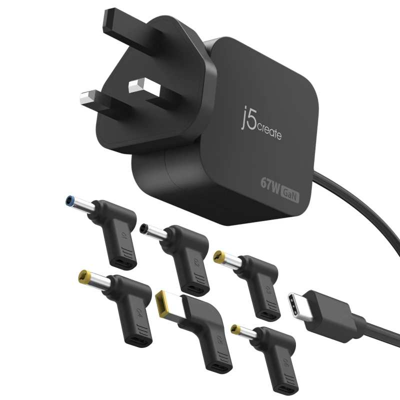 Image of j5 create j5create JUP1565DC 67W GaN PD USB-C Mini Charger with 6 Types of DC Connector-UK, Black JUP1565DCF-FN