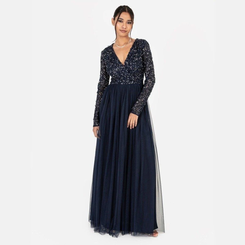 Image of Maya Deluxe Maya Faux Wrap Front Embellished Maxi Dress Navy female 6 (2XS)