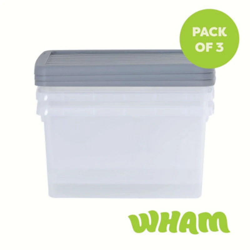 Image of 3 X Wham Box 16L Stackable Plastic Storage Box & Lid Clear/steel