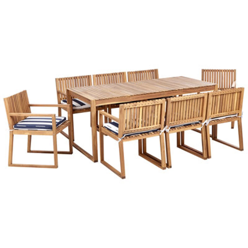 Image of Beliani Garden Dining Set 8 Seater Sassari Ii With Cushions Certified Acacia Wood Navy Blue