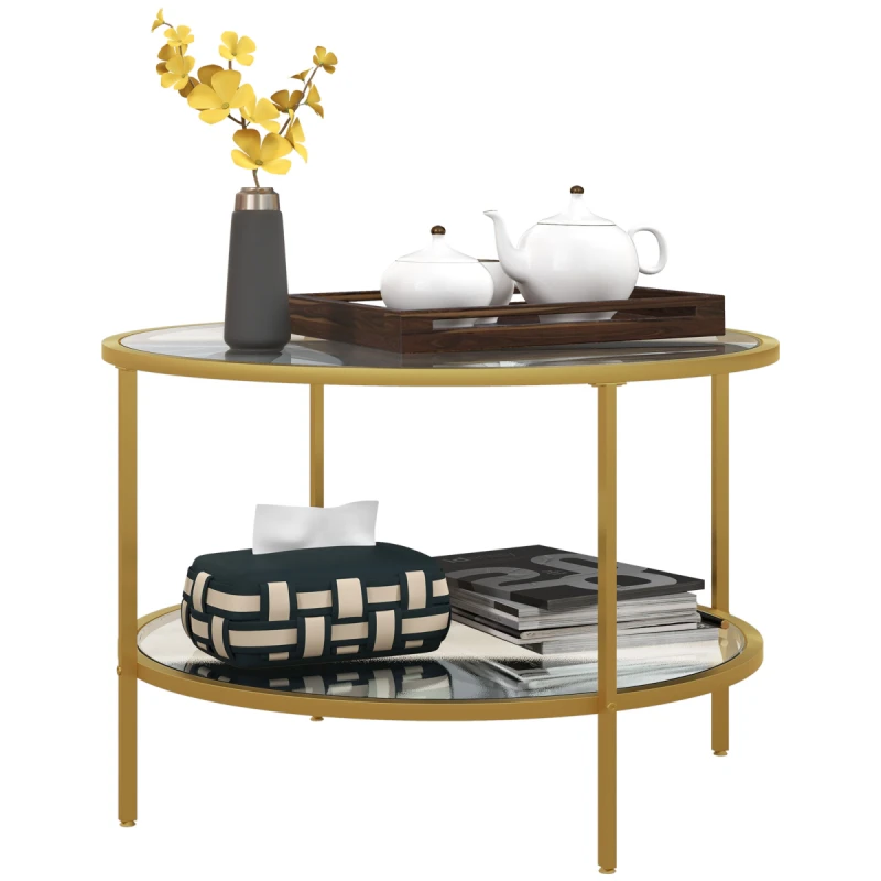 Image of HOMCOM HOMCOM Round Coffee Table with Storage Shelf and Tempered Glass Top, Gold Gold One Size Unisex 5063603039445