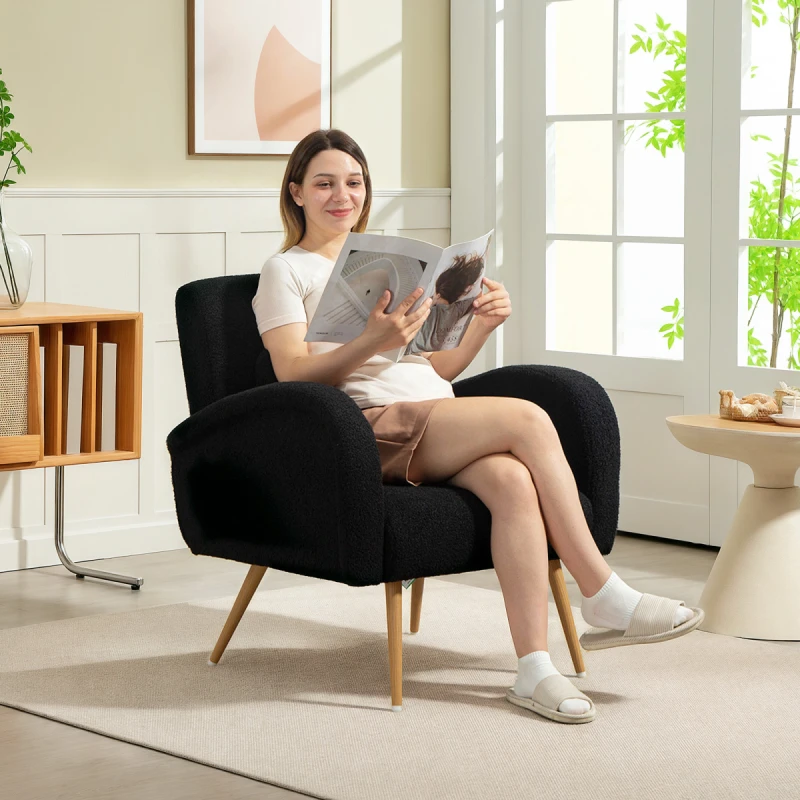 Image of HOMCOM Teddy Fleece Upholstered Accent Chair with Metal Legs, Black 83B-476V70BK