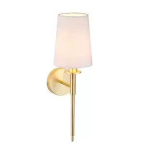 Image of Satin Brass Plated Wall Light & White Cotton Shade - Modern Sconce Fitting
