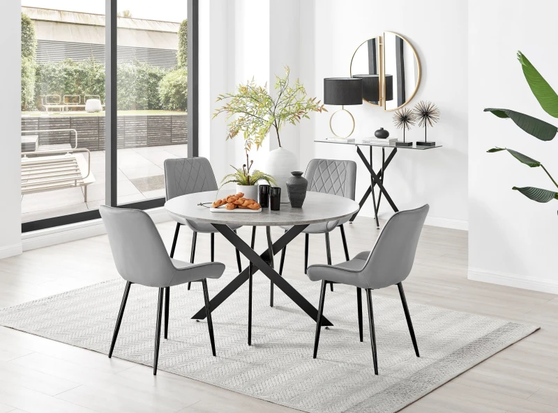 Image of FurnitureboxUK FurnitureboxUK Novara Grey Concrete Effect Black Leg 120cm Round Dining Table & 4 Pesaro Black Leg Chairs Grey One Size Unisex 50566571