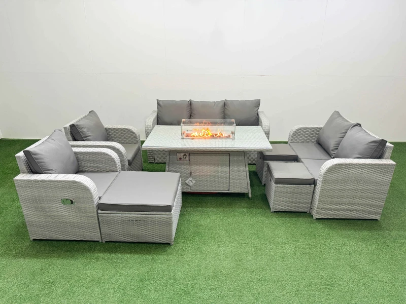 Image of Fimous PE Rattan Garden Furniture Set Reclining Chair Sofa Double Love Seat 2 Seater Sofa Lounge Set Firepit Dining Table 3 Stools Light Grey Light Gr