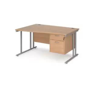Image of Office Desk Left Hand Wave Desk 1400mm With Pedestal Beech Top With Silver Frame Maestro 25 MC14WLP2SB