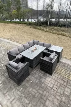 Image of Fimous 8 Seater Outdoor Dark Grey Rattan Lounge Complete Sofa Set with Gas Fire Pit Dining Table, Heater, and Side Table