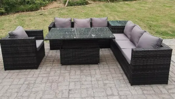 Image of Fimous 7 Seater Outdoor Dark Grey Rattan Lounge Complete Sofa Set with Adjustable Rising Lifting Dining Table and Arm Chair