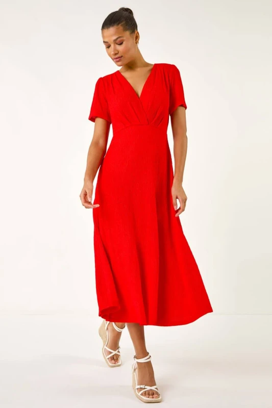 Image of Roman Textured Wrap Bodice Midi Dress Red