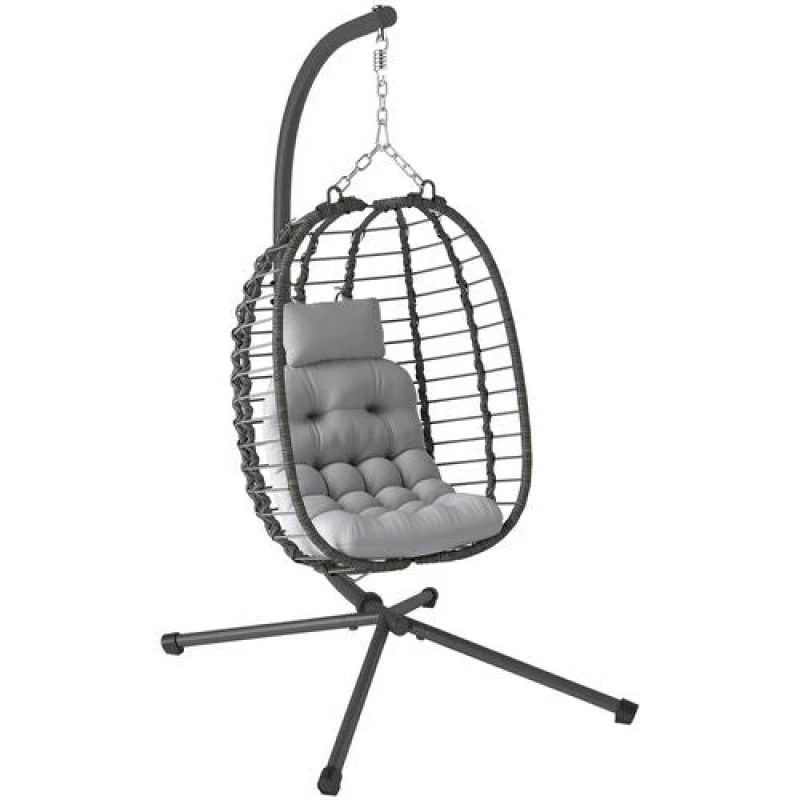 Image of Outsunny Rattan Hanging Egg Chair w/ Stand, Cushion, Headrest, Cream White, Cream 867-281V70CW