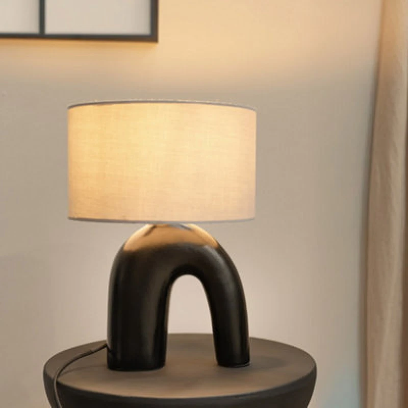 Image of ValueLights ValueLights Lia Fabric Drum Lamp Shade Black Arch Abstract Ceramic Table Lamp in Grey Grey One Size Unisex 5059406065019