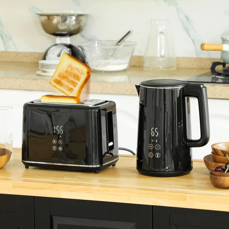 Image of HOMCOM 1.5L 3000W Fast Boil Electric Kettle and 2 Slice Toaster Set, Black 800-211V70BK