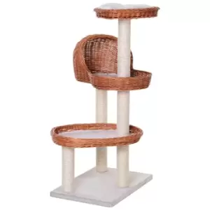Image of PawHut Cat Tree Activity Center w/ Rattan Platforms and Kitty Condo - Brown/White