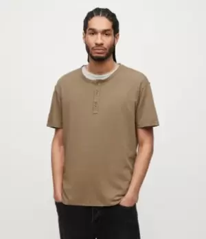 Image of AllSaints Mens Figure Henley T-Shirt, ASH Khaki Brown, Size: M
