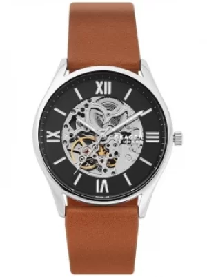 Image of Skagen Mens Holst Automatic Black Skeleton Dial Brown Leather...