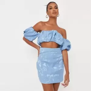 Image of Missguided Coord Ruched Bardot Crop Top Jacquard - Blue