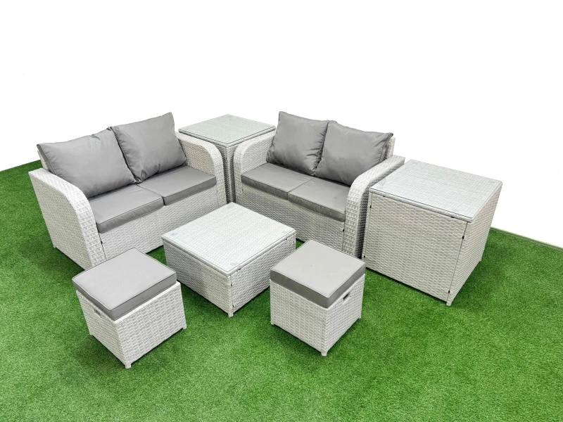 Image of Fimous 6 Seater Outdoor Love Sofa Set Rattan Garden Furniture Set with Square Coffee Table 2 Small Stools 2 Side Tables Light Grey Light Grey