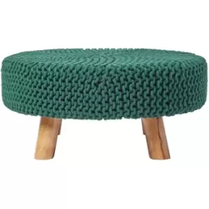 Image of Forest Green Large Round Cotton Knitted Footstool on Legs - Forest Green - Homescapes