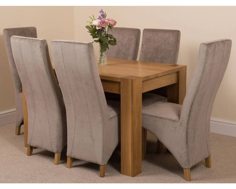Image of Thats Furniture Kuba 125 x 80cm Chunky Oak Small Dining Table & 6 Lola Fabric Chairs in Grey Grey Unisex 125 x 80 cm