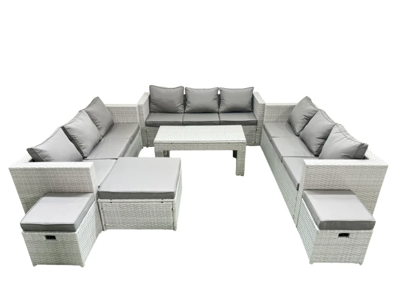 Image of Fimous Rattan Garden Outdoor Furniture Set 12 Seater Garden Sofa Oblong Coffee Table Set with 3 Footstools Light Grey Mixed Light Grey