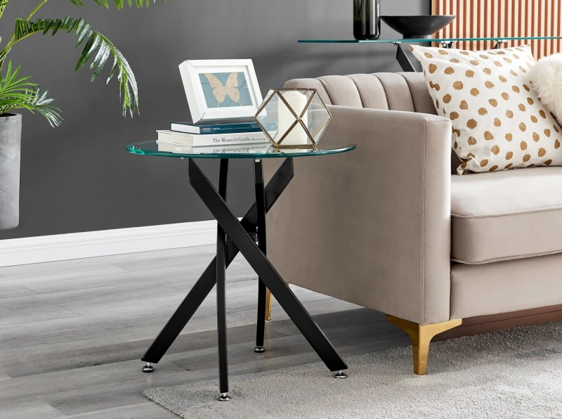 Image of FurnitureboxUK FurnitureboxUK Novara Round Tempered Glass Side End Table with Angled Starburst Metal Legs for Modern Glam Minimalist Living Room in Bl