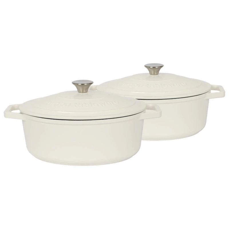 Image of Argon Tableware 2x Oval Cast Iron Casserole Dishes with Self Basting Lid - 4.68L in Off-White Off-White Unisex