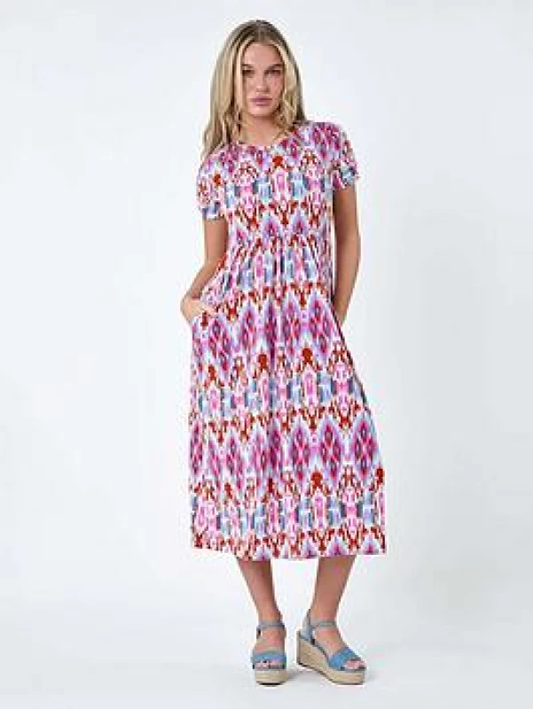 Image of Roman Womens Petite Aztec Print Stretch Pocket Midi Dress in Pink Size: 8 Pink Female 8