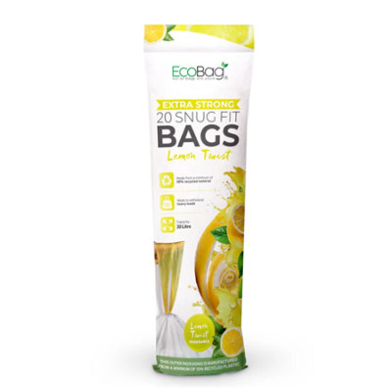 Image of Ecobag Lemon Scented Kitchen Drawstring Bin Liner 20L, 24 Microns Heavy Duty, 420 X 760mm, 20 Pack