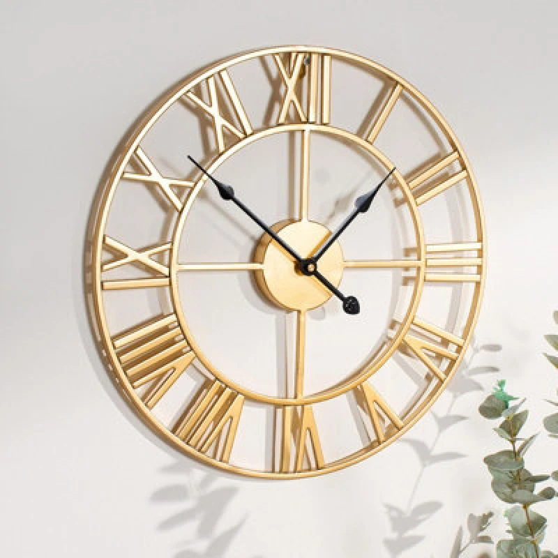 Image of OHS OHS Large Wall Clock Roman Numerals Skeleton Big Open Round Face in Gold Gold One Size Unisex 5027434184415