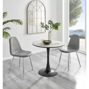 Image of Furniturebox UK - Furniturebox Elina White Marble Effect Modern 80cm Round Dining Table & 2 Grey Corona Faux Leather Dining Chairs with Silver Legs