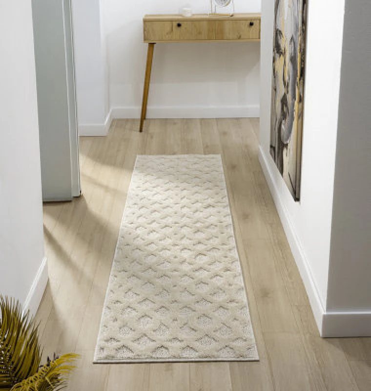 Image of Isabella Living Room Area Rugs - Embossed Imperial Trellis Design Cream 60Cm X 220Cm