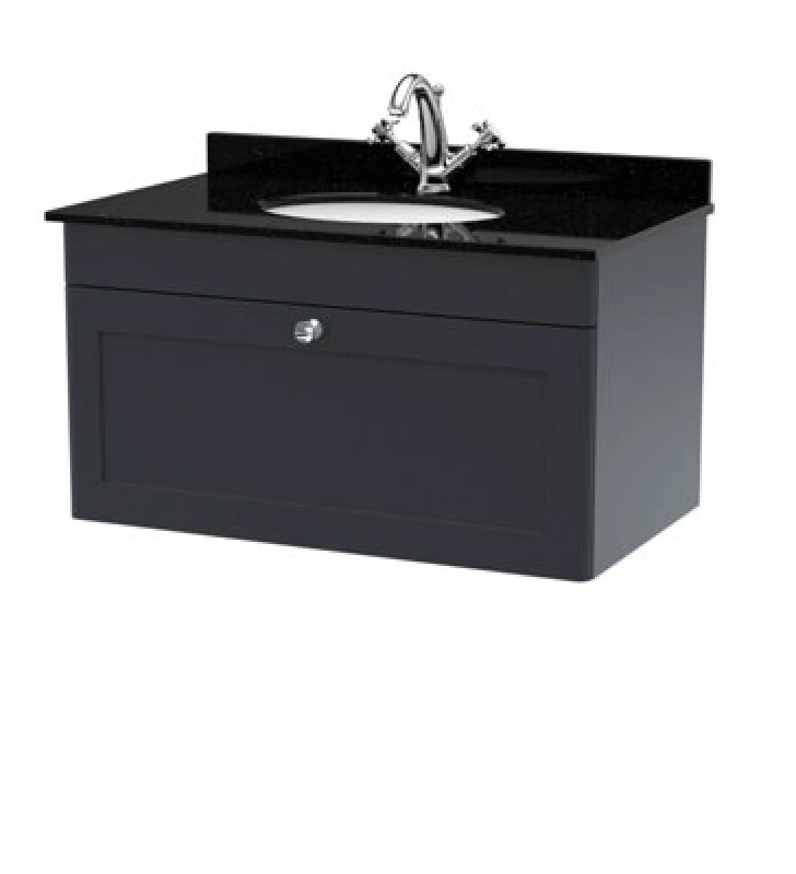 Image of nuie 800mm Wall Hung 1 Drawer Vanity & Marble Top 1TH - Soft Black CLC1496BR1