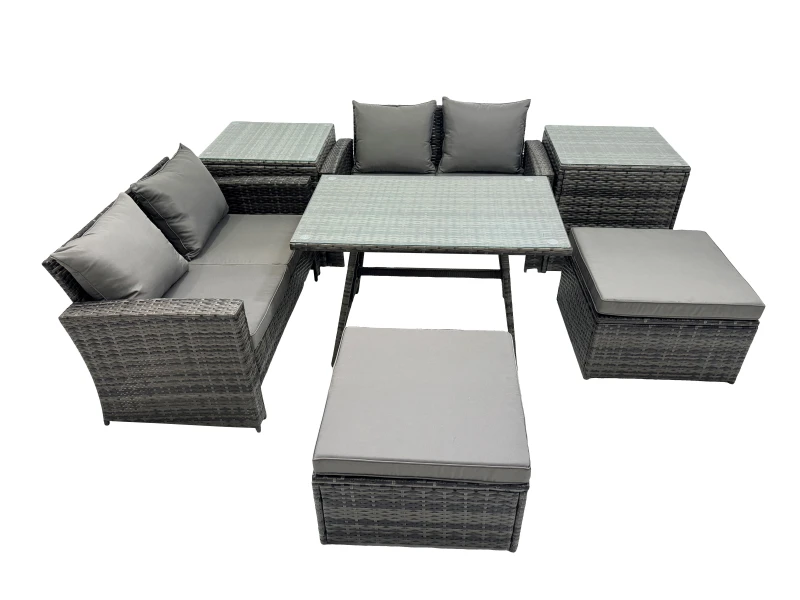Image of Fimous 6 Seater Outdoor Table Double Seat Sofa 2 Big Stool 2 Side Table Set in Dark Grey Dark Grey Unisex