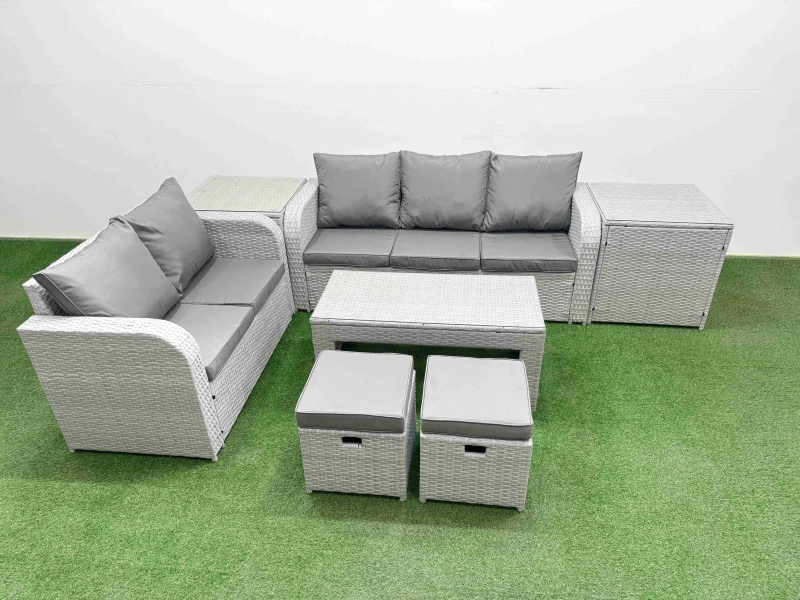 Image of Fimous 7 Seater PE Rattan Wicker Garden Furniture Patio Conservatory Sofa Set with Oblong Coffee Table 3 Seater Sofa Love Sofa 2 Stools 2 Side Table L