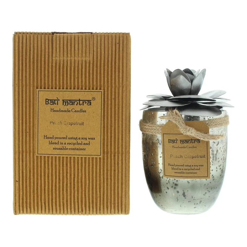 Image of Bali Mantra Camellia Glass Silver Peach Grapefruit Candle 500g