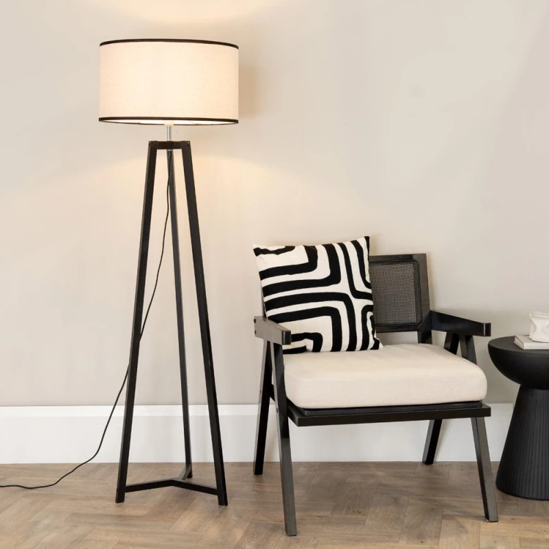 Image of ValueLights ValueLights Lottie Black Wood Tripod Floor Lamp with Linen Black Trim Drum Shade & LED Bulb Black One Size Unisex 5059406058165