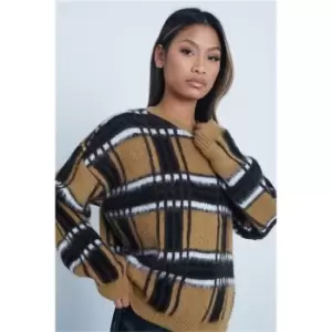 Image of I Saw It First Camel Premium Brushed Check Knitted Oversized Jumper - Brown