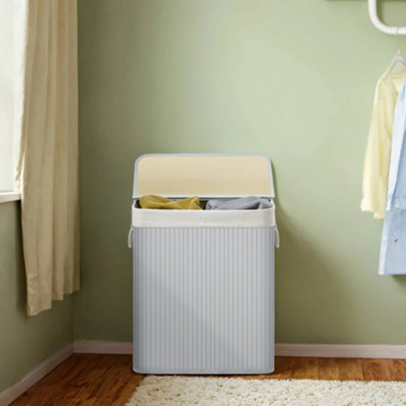 Image of LEDREM Laundry Basket With Lid - Bamboo Laundry Basket With 2 Sorting Compartments, Removable Bag, Cotton Handles - Volume 100L