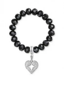 Image of Thomas Sabo Charm Club Black Obsidian Stone Bracelet And Angel Wings Heart Charm