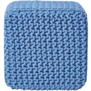 Image of Blue Cube Cotton Knitted Pouffe Footstool - Blue - Homescapes