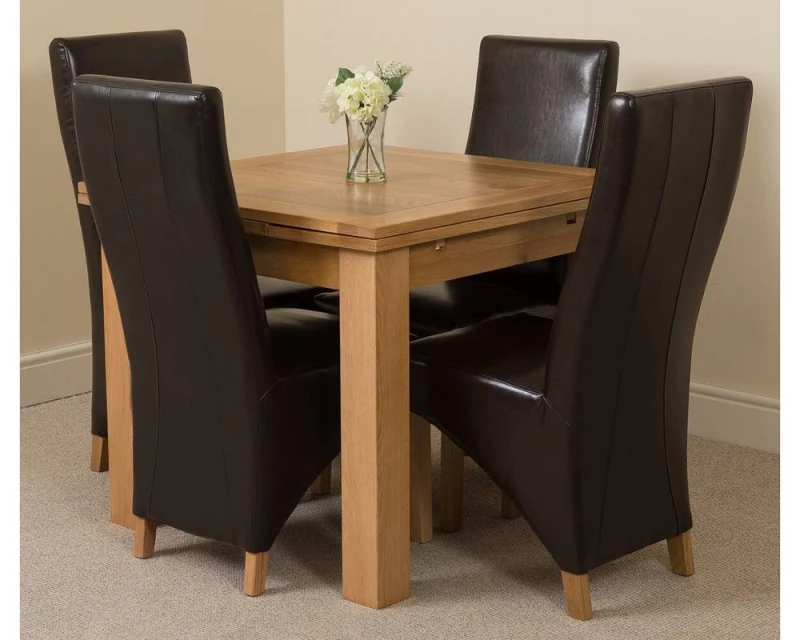 Image of Thats Furniture Richmond 90-150cm Square Oak Extending Dining Table + 4 Lola Leather Chairs in Brown Brown Unisex