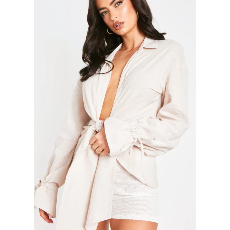 Image of Missy Empire Linen Tie Front Shirt - Beige Beige 10