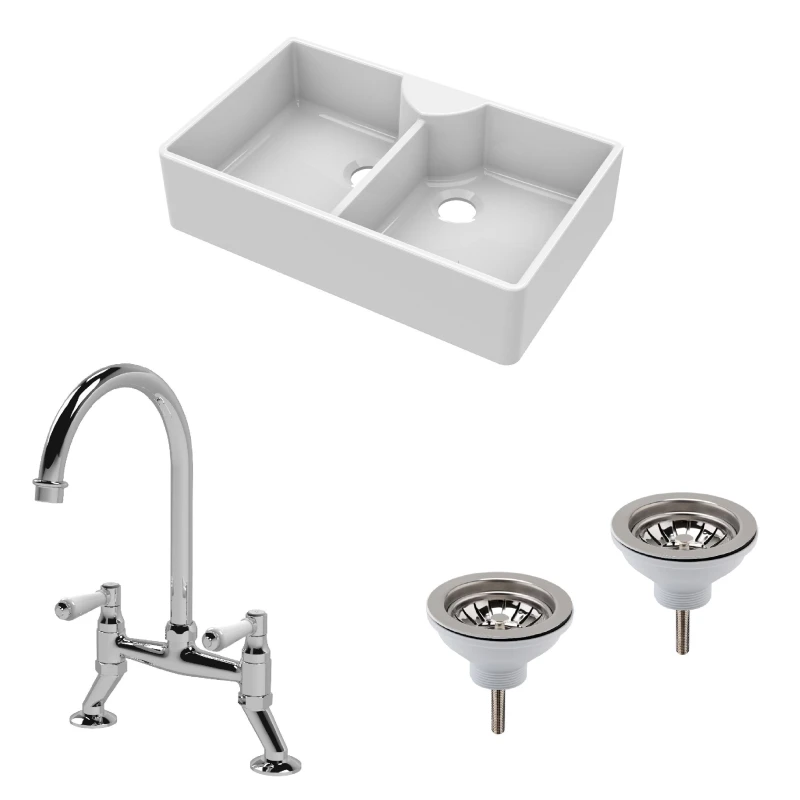 Image of Balterley Fireclay Kitchen 2 Bowl Butler Sink 2 x Wastes Tap Chrome 895mm Silver