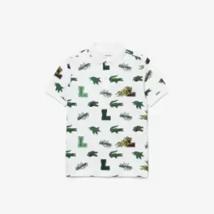 Image of Kids' Lacoste Holiday Comic Effect Crocodile Print Polo Shirt Size 14 yrs White
